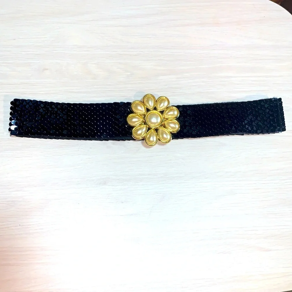 Pearl Sequin & Gold Accent Stretchy Vintage 1980s Woman’s Belt Small 2/4/6